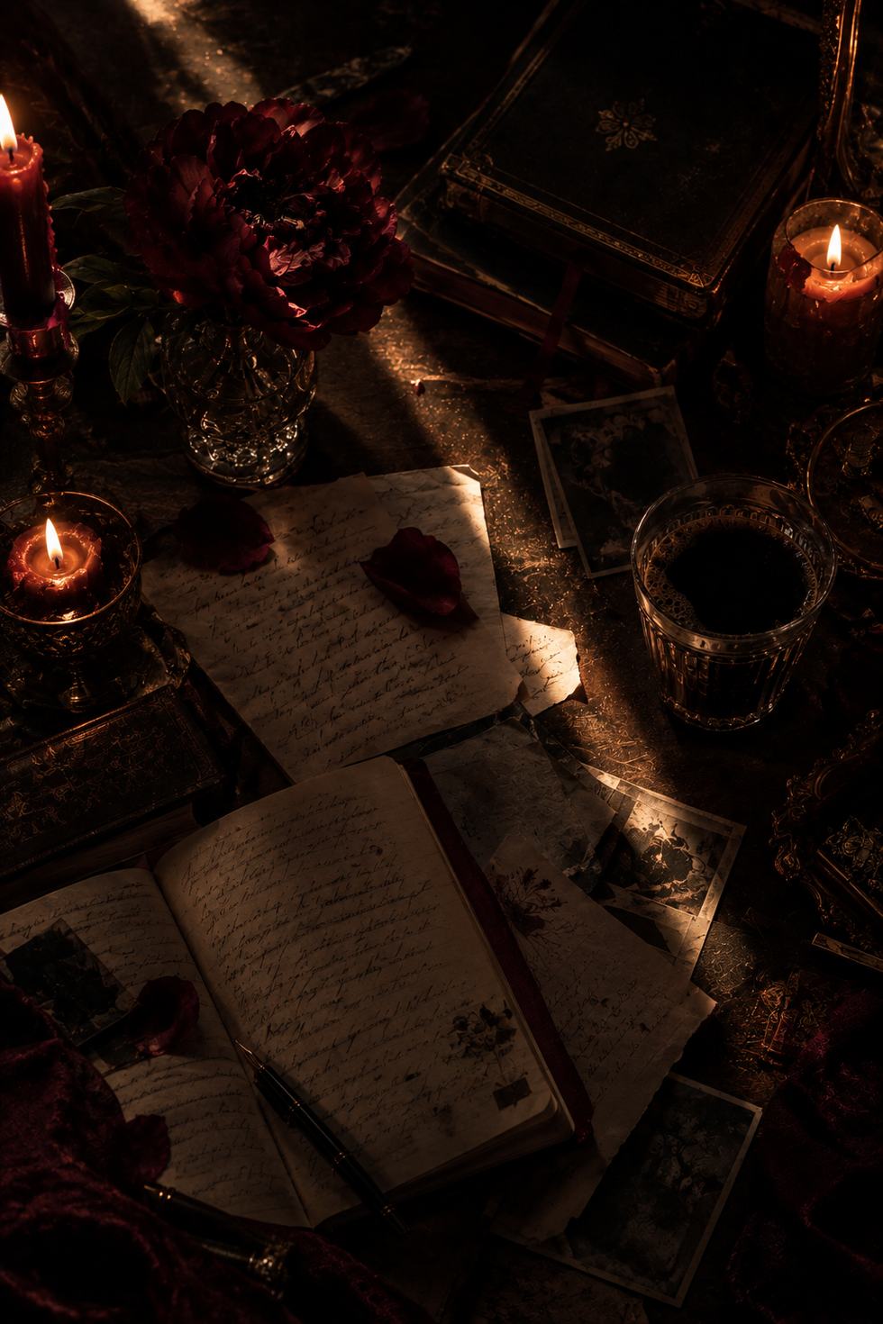 Escritorio a la luz de las velas: cuaderno abierto, cartas manuscritas y una peonía bordó.